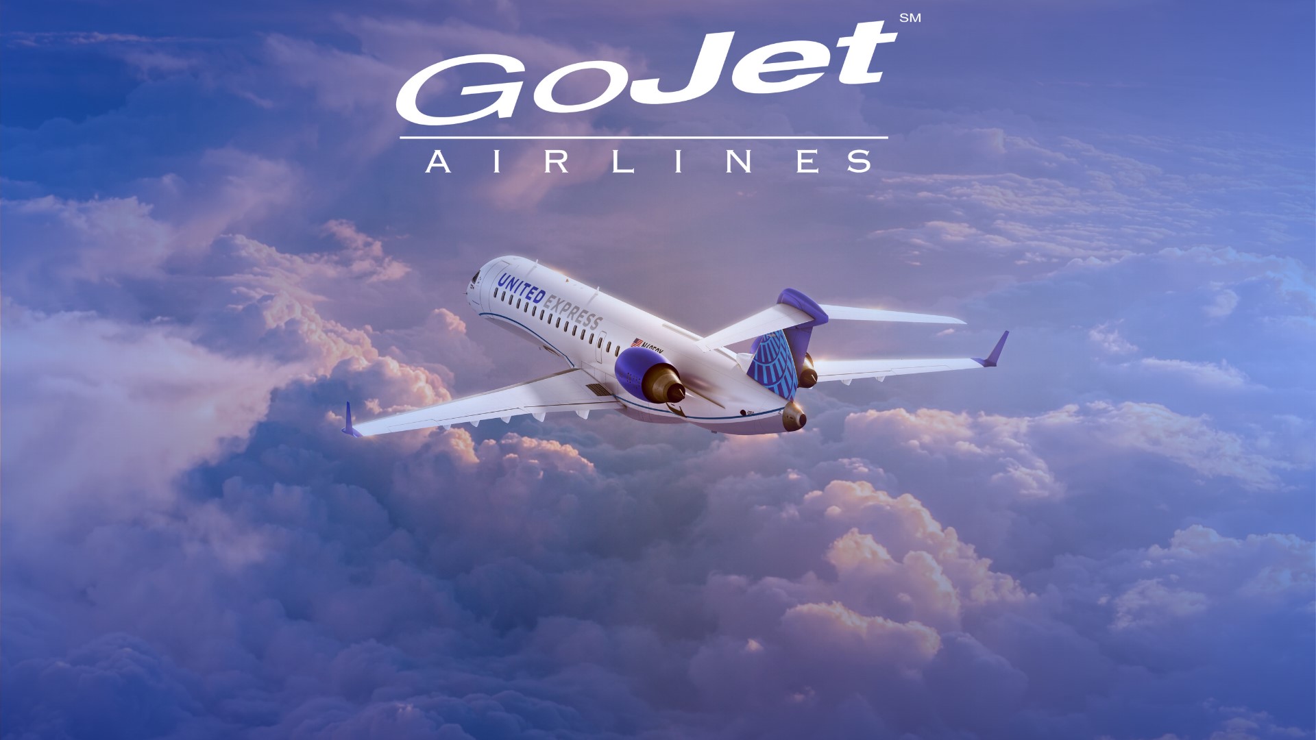 CRJ-550 flying over clouds with the GoJet Airlines logo above it