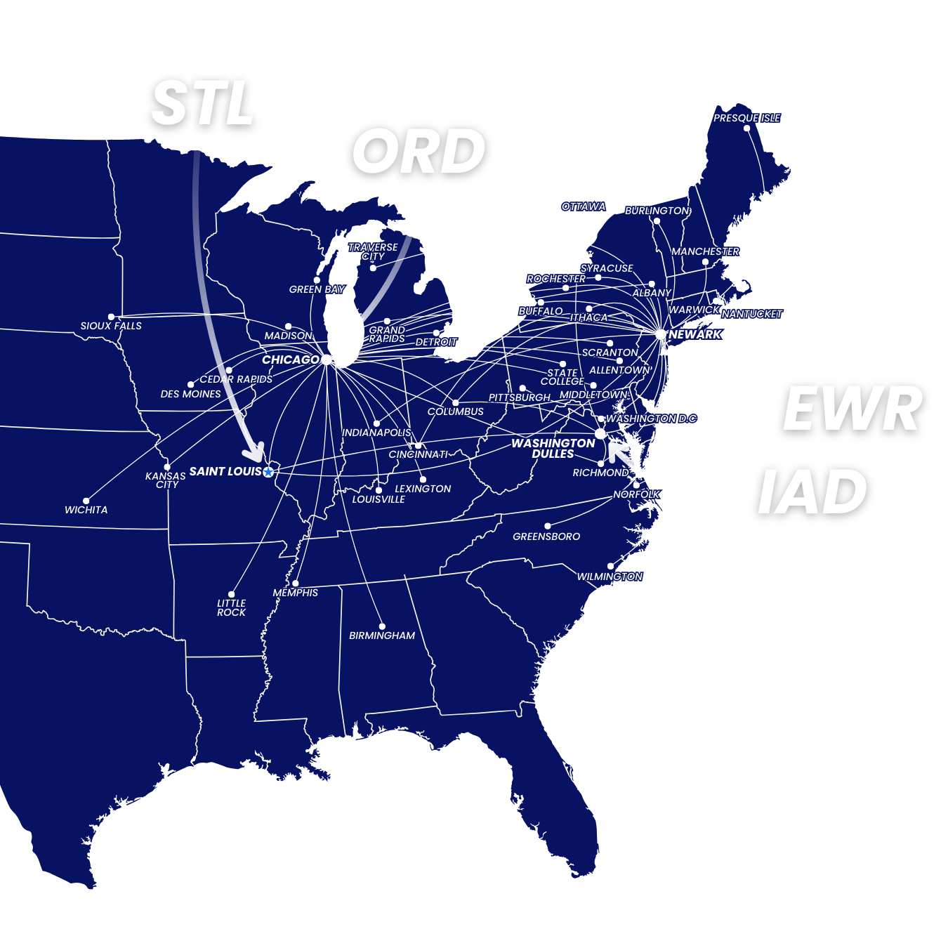Route map showing bases and current routes on top of the east map of the United States